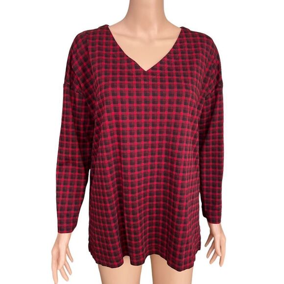 J. Jill Simply Supima V-Neck Tunic in scarlet merry gingham size L petite - Picture 2 of 7